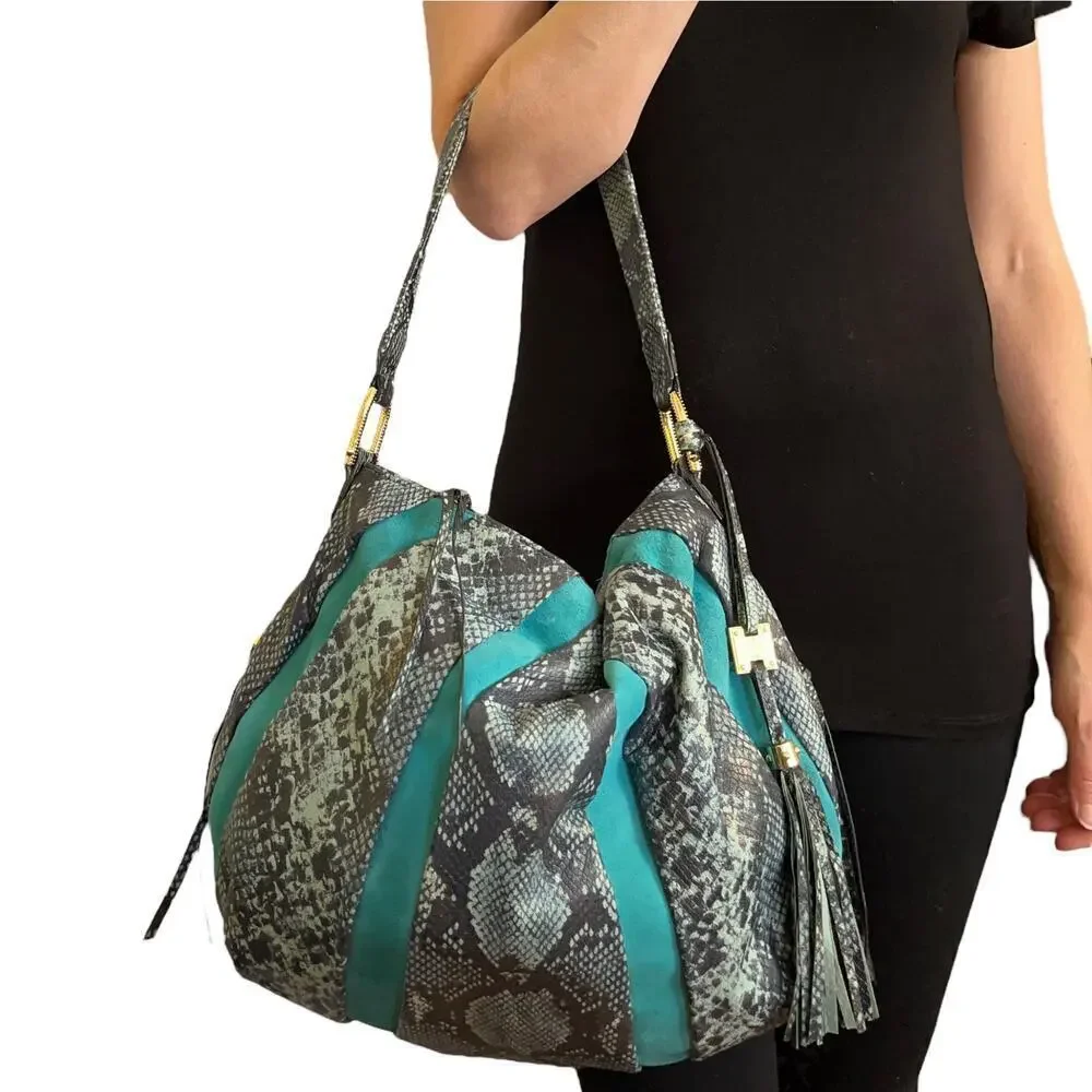 Aimee Kestenberg Tuscany Cobra Print Pebble Leather and Suede Hobo Shoulder Bag
